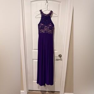 Elegant Lace Halter Evening Gown - Deep Purple